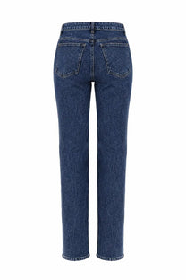 Back view of khaite women’s jeans danielle blue dark blue denim straight-leg jeans with classic back pockets