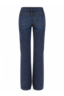 Khaite women’s jeans danielle blue in dark blue denim with a straight-leg cut and classic back pockets shown from the back