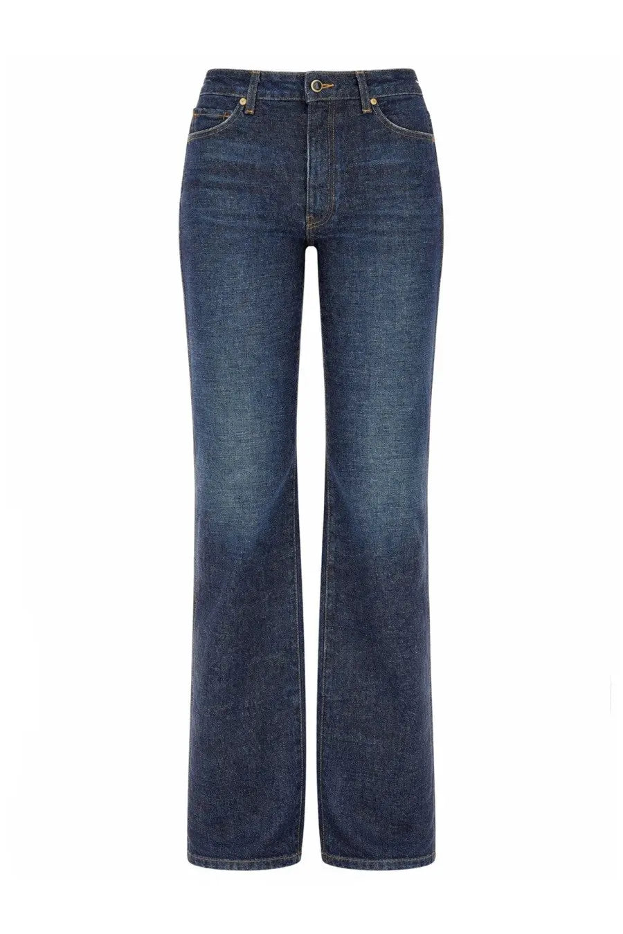Dark-wash denim jeans with straight-leg cut and gold-tone hardware from khaite womens jeans danielle blue