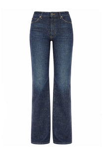 Dark-wash denim jeans with straight-leg cut and gold-tone hardware from khaite womens jeans danielle blue