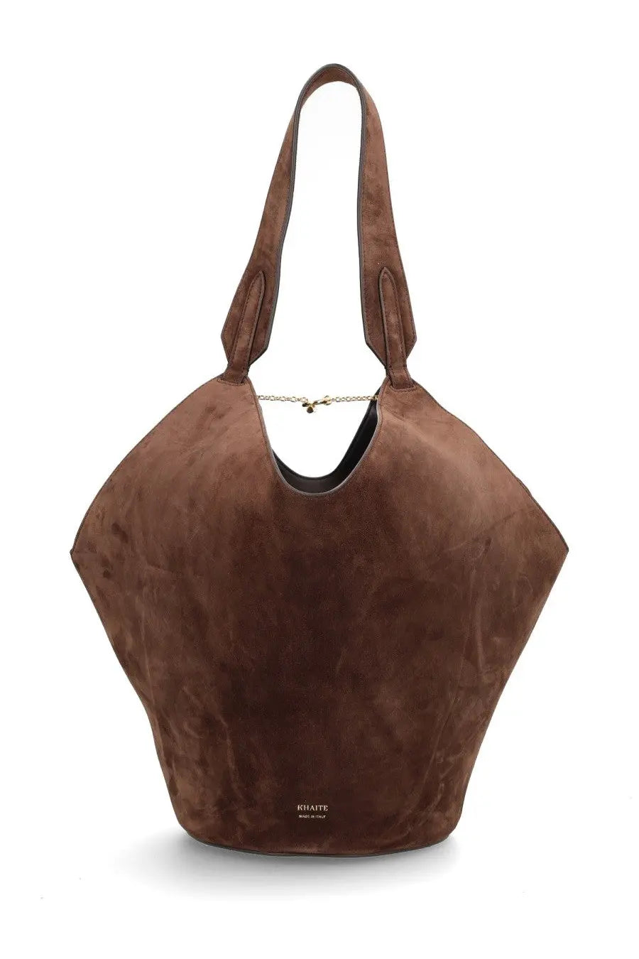 Brown suede hobo bag with asymmetrical shape and gold-tone chain detail from Khaite women’s lotus tote bag collection