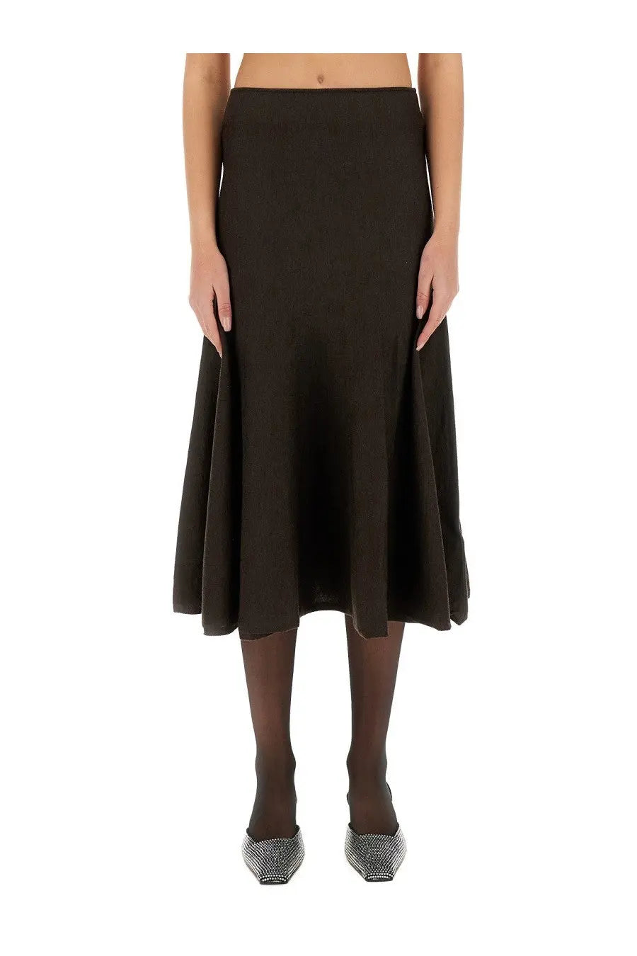 Khaite women’s Mayu skirt brown sleek dark brown a-line midi skirt with smooth flowing fabric that flares gently from waist