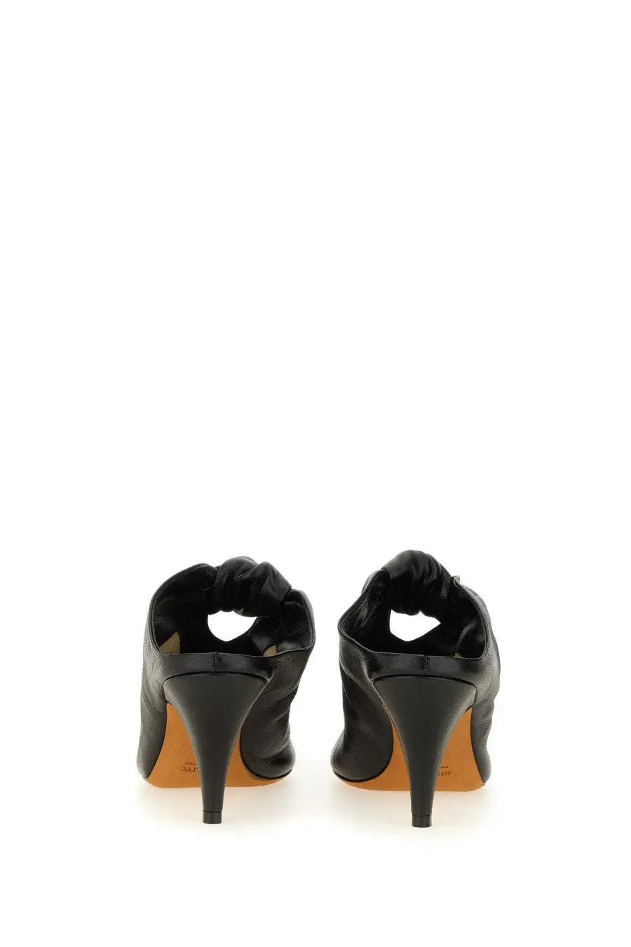 Black leather mules with knotted back detail and slender high heels by khaite womens mule the rowan black shown from back