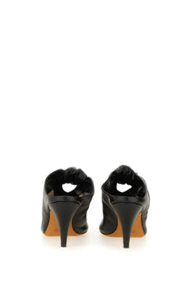 Black leather mules with knotted back detail and slender high heels by khaite womens mule the rowan black shown from back
