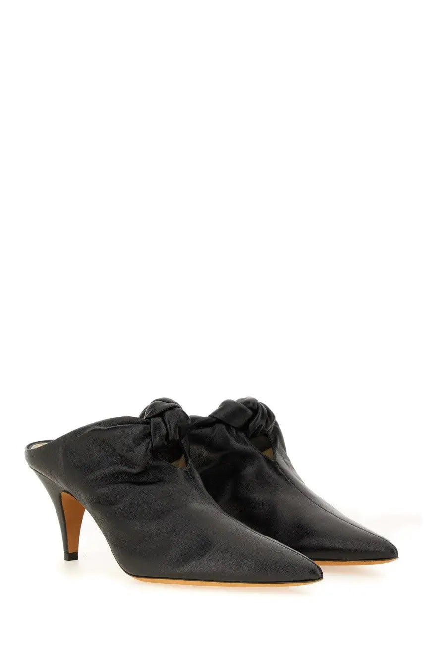The back of Khaite women’s Rowan black satin mules featuring a knotted detail at the heel