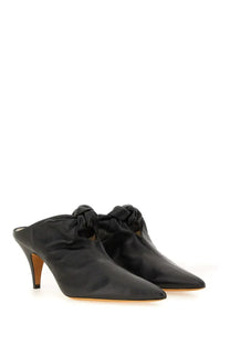 The back of Khaite women’s Rowan black satin mules featuring a knotted detail at the heel