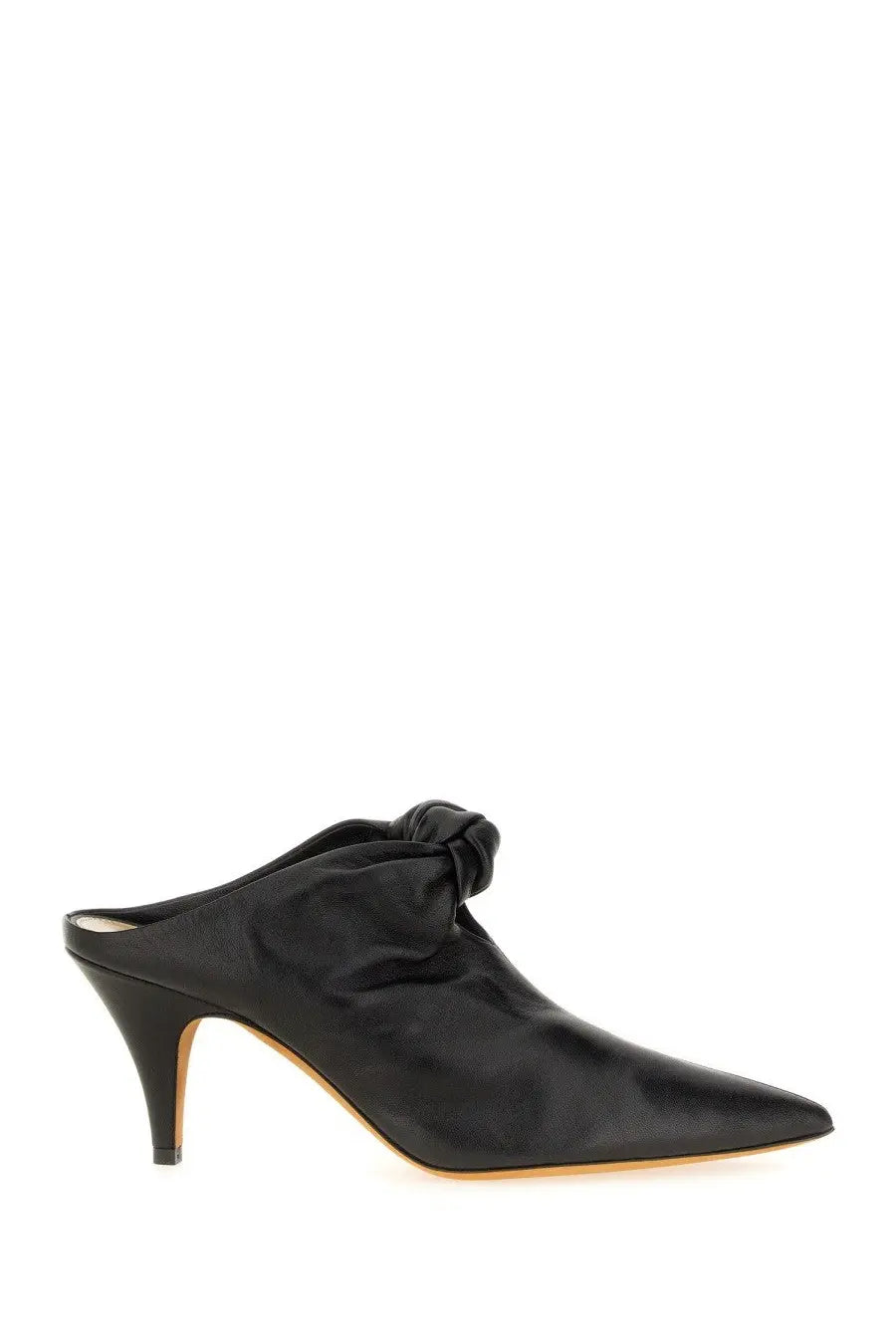 Black satin mule shoe with knotted detail at the back from khaite women’s mule the rowan black