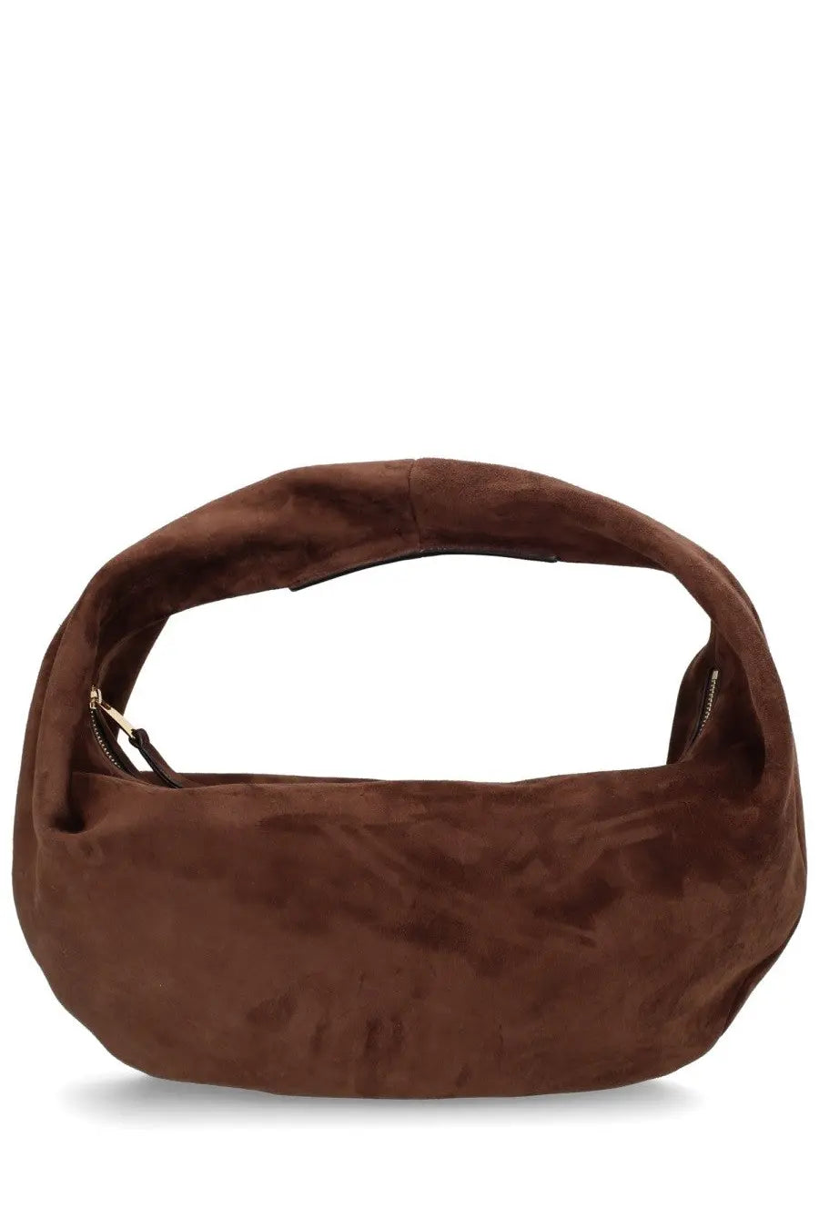 Brown suede bottega veneta handbag with distinctive twisted handle featured in khaite women’s olivia bags brown collection