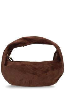 Brown suede bottega veneta handbag with distinctive twisted handle featured in khaite women’s olivia bags brown collection