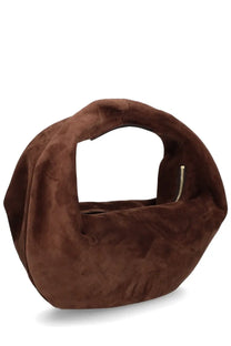 Khaite women’s olivia brown suede handbag with knot detail and gold tone zipper closure
