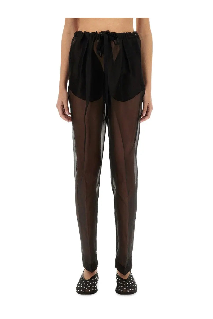 Khaite women’s black sheer trousers with gathered waistband and matching drawstring for stylish comfort