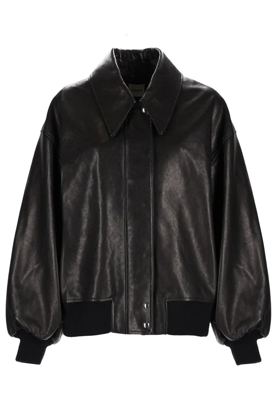 Khaite women’s Shelman black leather bomber jacket with classic collar and button closures