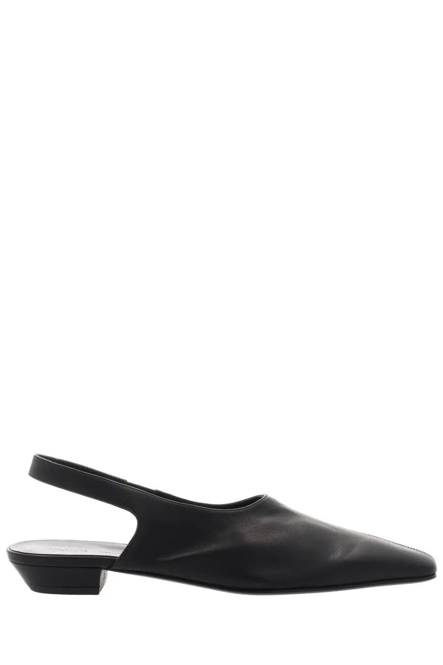 Khaite women’s celia black leather slingback flat shoe with pointed toe and low block heel front view