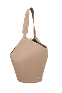 Beige leather bucket bag with single shoulder strap and gold-tone zipper from khaite women small lotus bag collection
