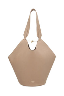 Beige leather tote bag with hexagonal shape and gold-tone chain clasp from khaite womens small lotus bag collection