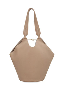 Beige leather tote bag with hexagonal shape and gold-tone chain detail from khaite women’s small lotus bag collection