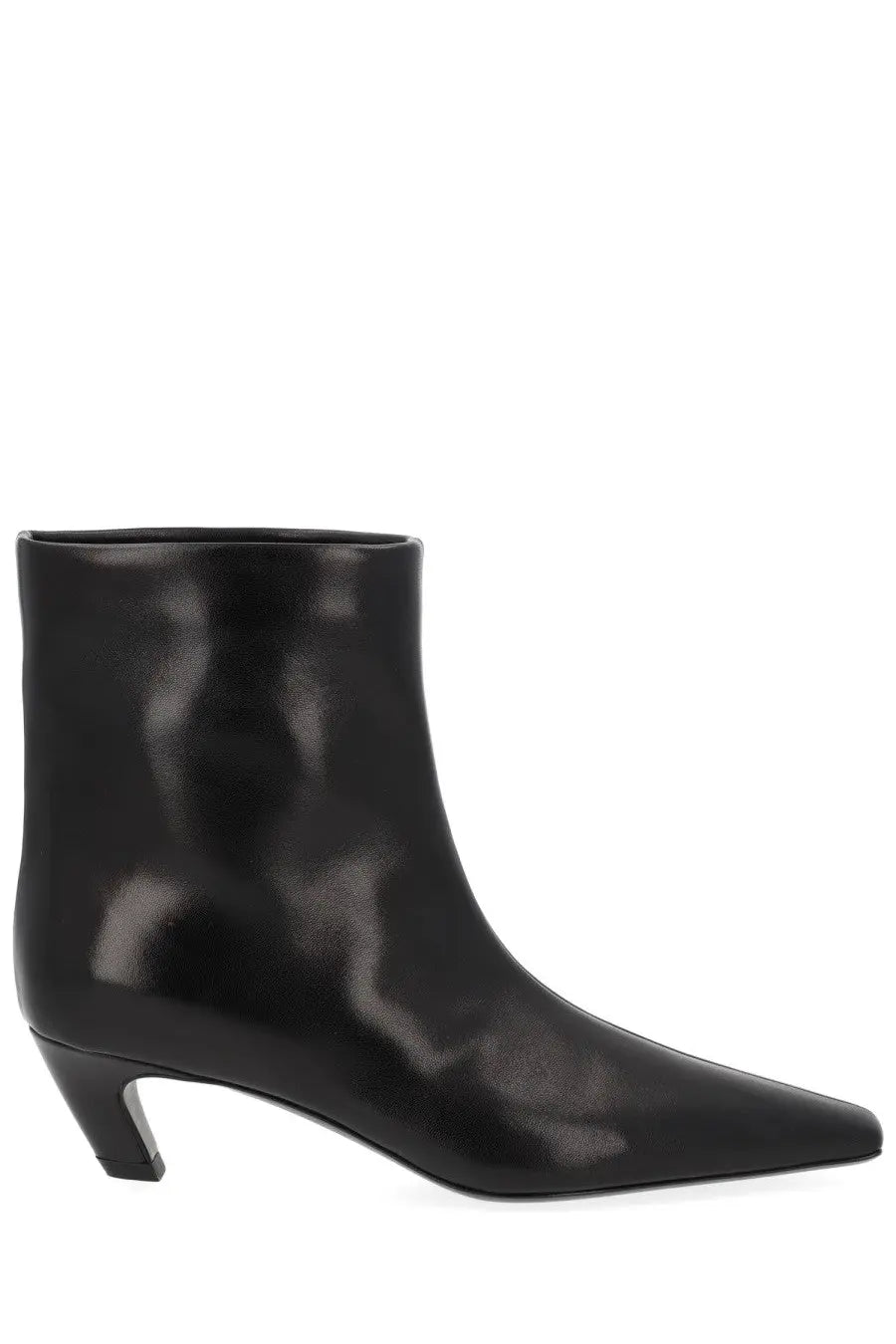 Khaite women’s Stivale Arizona black patent leather ankle boot with sharp pointed toe and low block heel