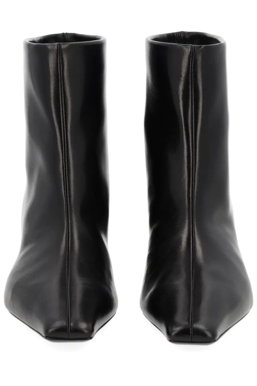 Khaite women’s Stivale Arizona black patent leather ankle boots with sleek minimalist design and pointed toe