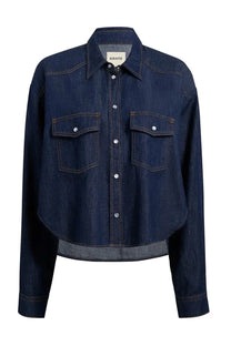 Khaite women’s top grenon blue dark blue denim shirt with white buttons two chest pockets and cropped hemline