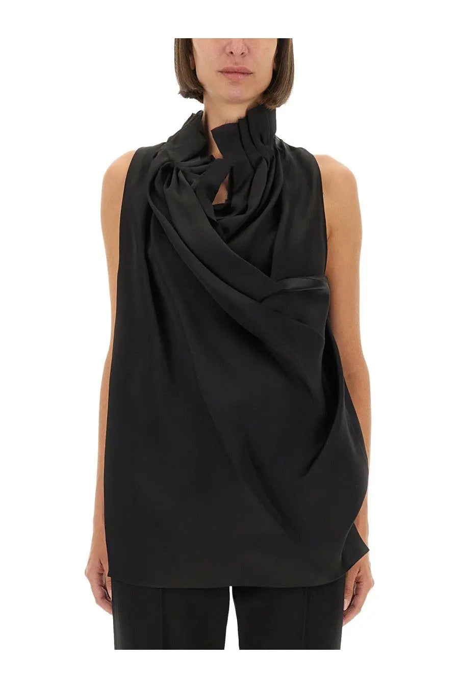 Khaite women’s black sleeveless top with draped ruched neckline and flowing fabric for elegant wear