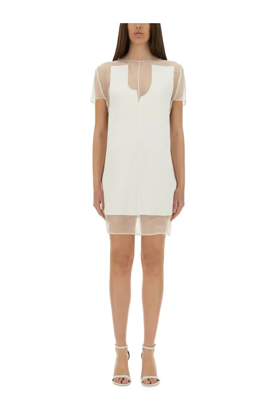 Khaite women’s Winona dress white minimalist dress with sheer mesh panels at shoulders and hem and short sleeves