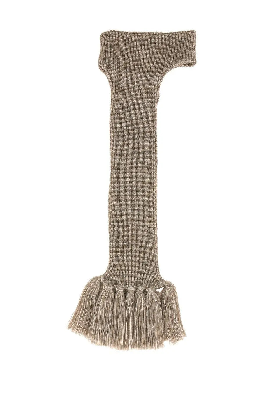 Beige knitted scarf with ribbed texture and fringe detailing paired with kijima takayuki men’s grey ear band