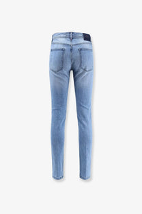 Kiton men’s blue denim jeans in light wash with slim fit and classic back pockets shown from the back side