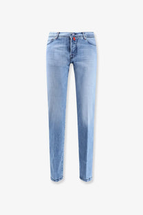 Kiton men’s blue light-wash denim jeans with straight-leg cut subtle fading and orange button waistband