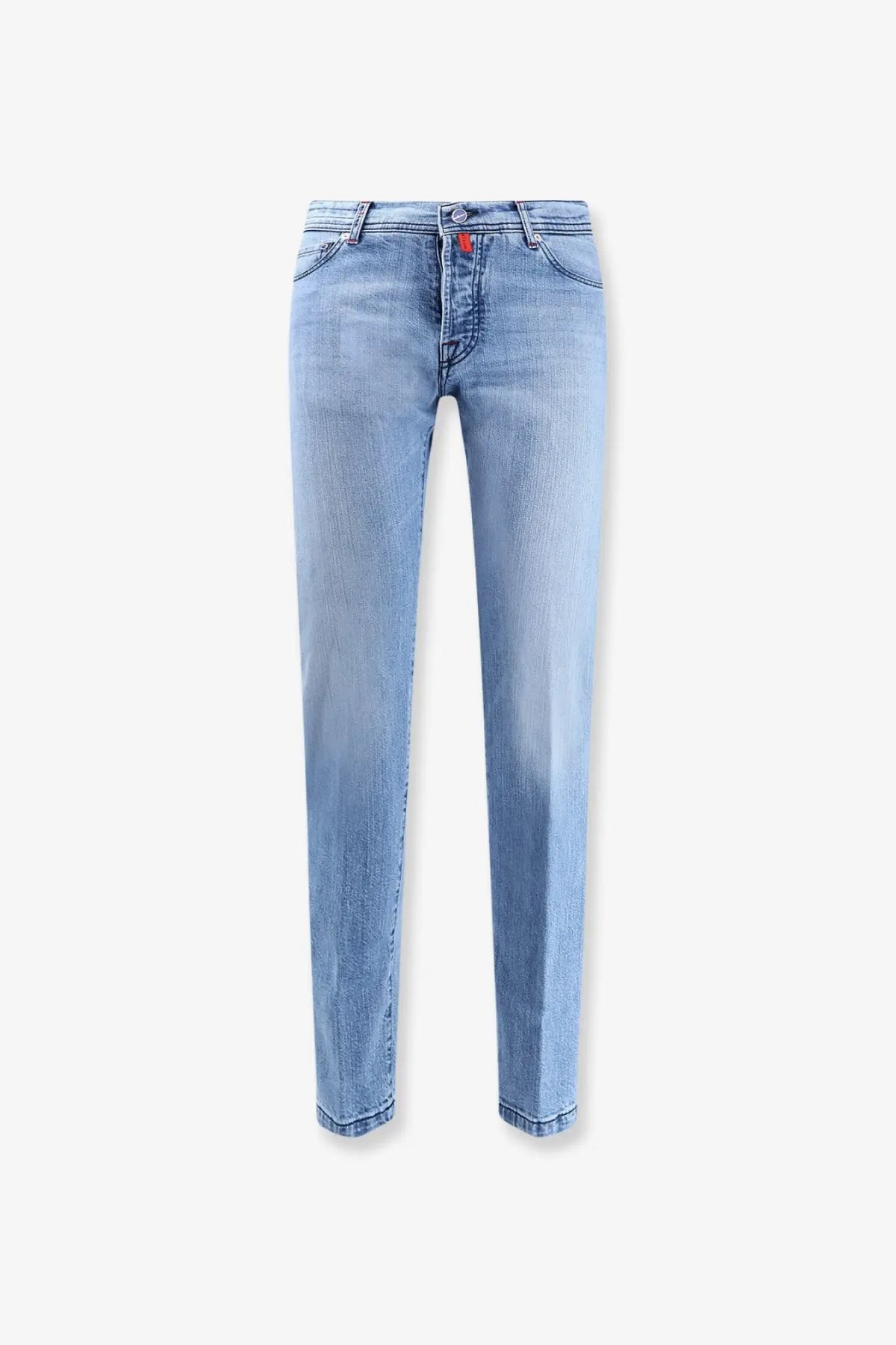 Kiton men’s blue denim jeans in light-wash with straight-leg cut subtle fading and an orange button waistband