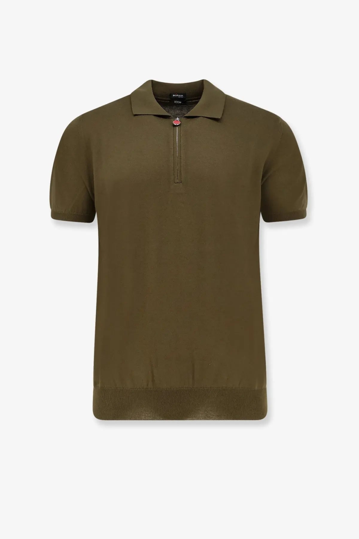 Kiton men’s olive green cotton polo shirt with short sleeves, ribbed hem and collar, and zipper neckline