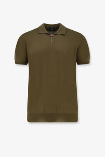 Kiton men’s olive green cotton polo shirt with short sleeves, ribbed hem and collar, and zipper neckline