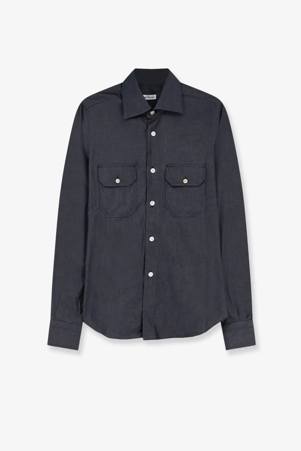 Kiton men’s cotton shirt black with dark navy blue long sleeves two chest pockets and white buttons