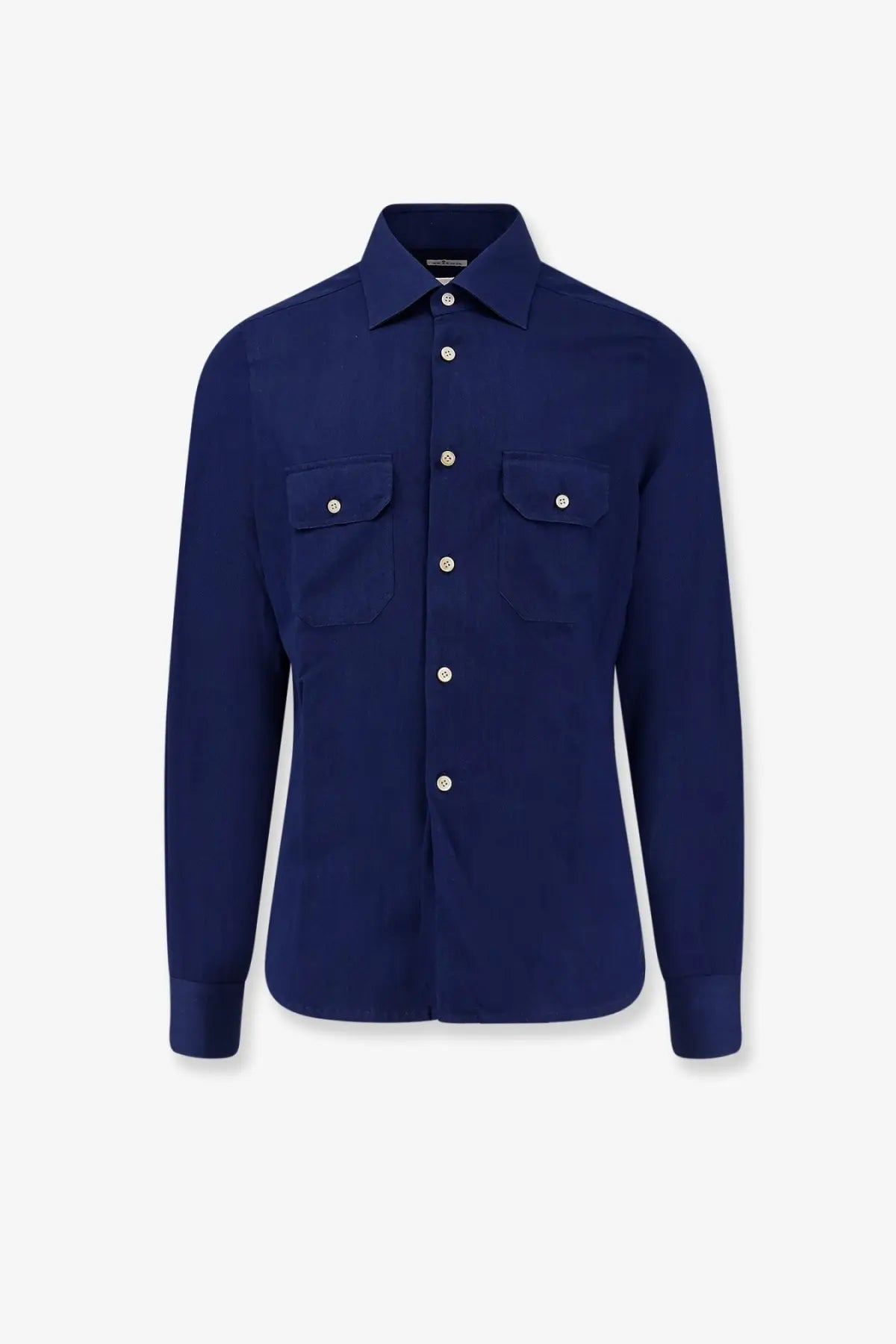 Kiton men’s navy blue cotton long-sleeved button-down shirt with two chest pockets and silver buttons