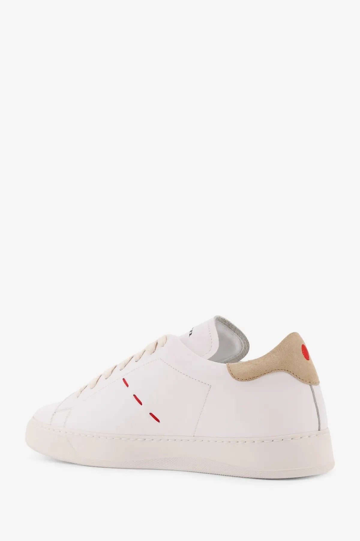 Kiton men’s leather sneakers in white with beige suede heel tab and red stitching accents shown from the back