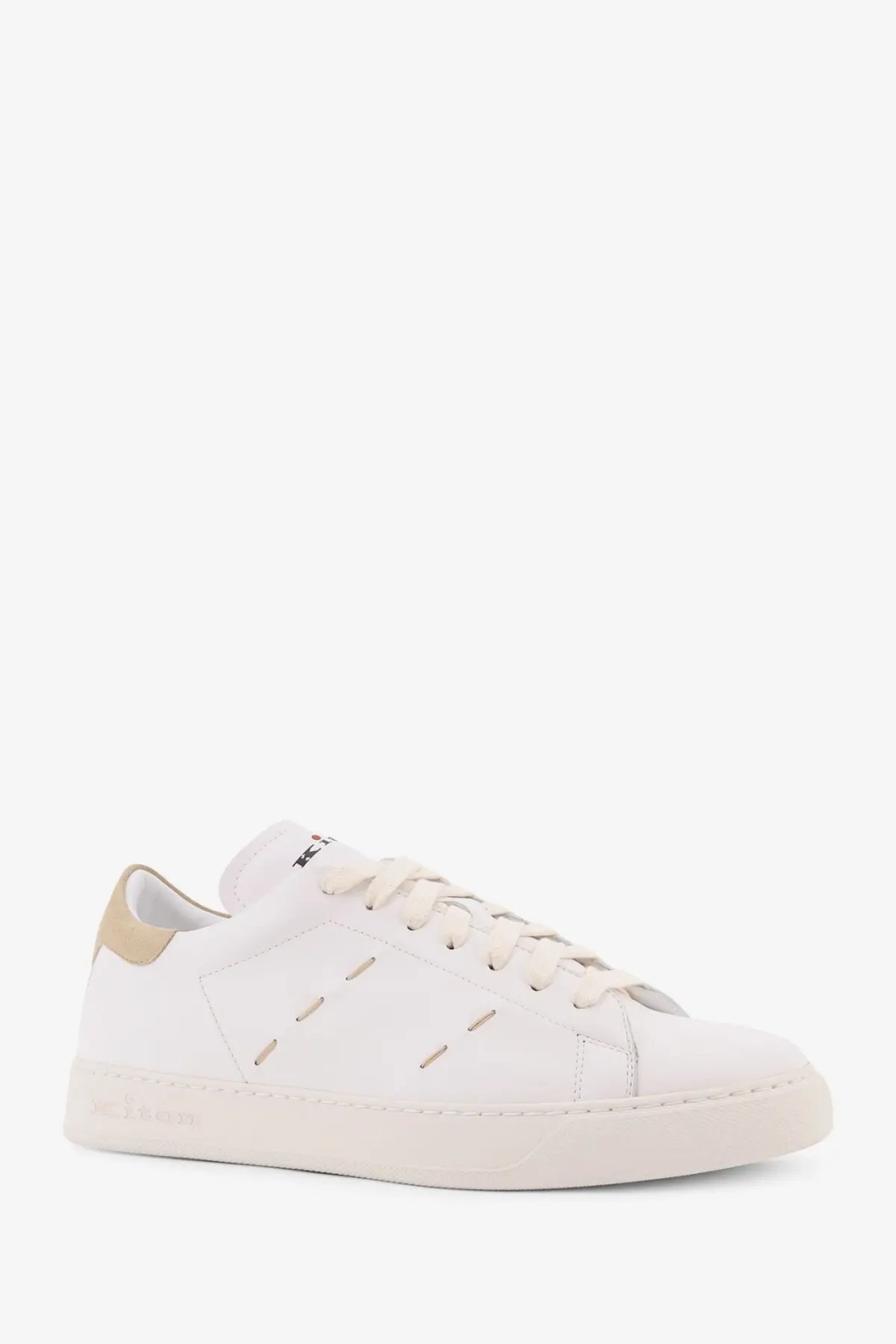 Kiton men’s leather sneakers in white with a beige heel tab and matching laces low-top design