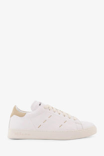 Kiton men’s white leather low-top sneaker with beige accents on heel tab and sole showing the back side