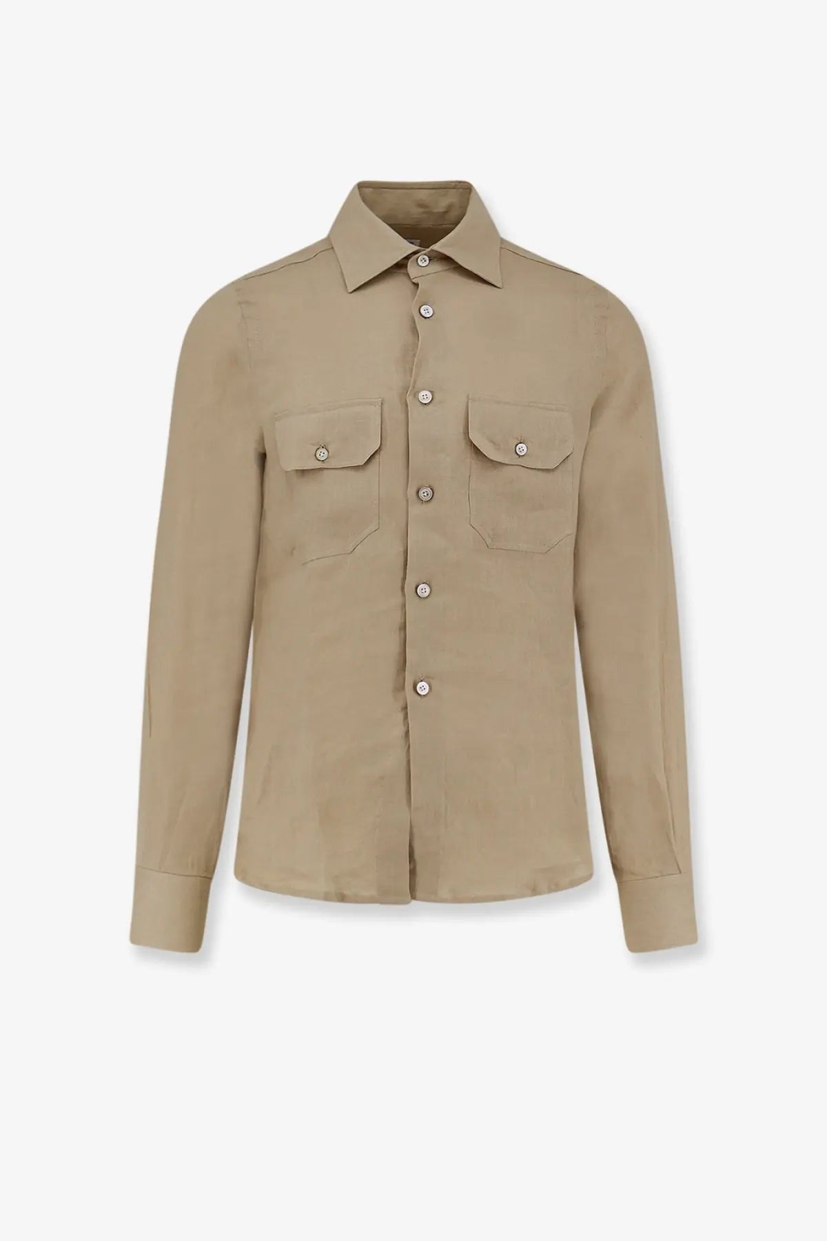 Kiton men’s beige linen long-sleeved shirt with silver buttons and two chest pockets