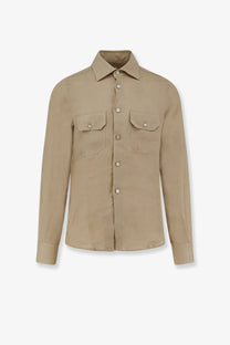 Kiton men’s beige linen long-sleeved button-up shirt with two chest pockets and silver buttons