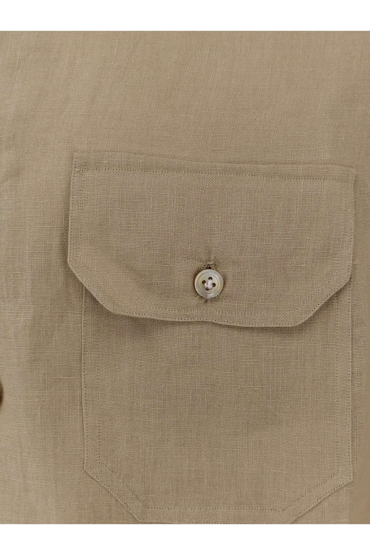 Beige linen shirt pocket with silver button on kiton men’s linen shirt showcasing quality fabric and design
