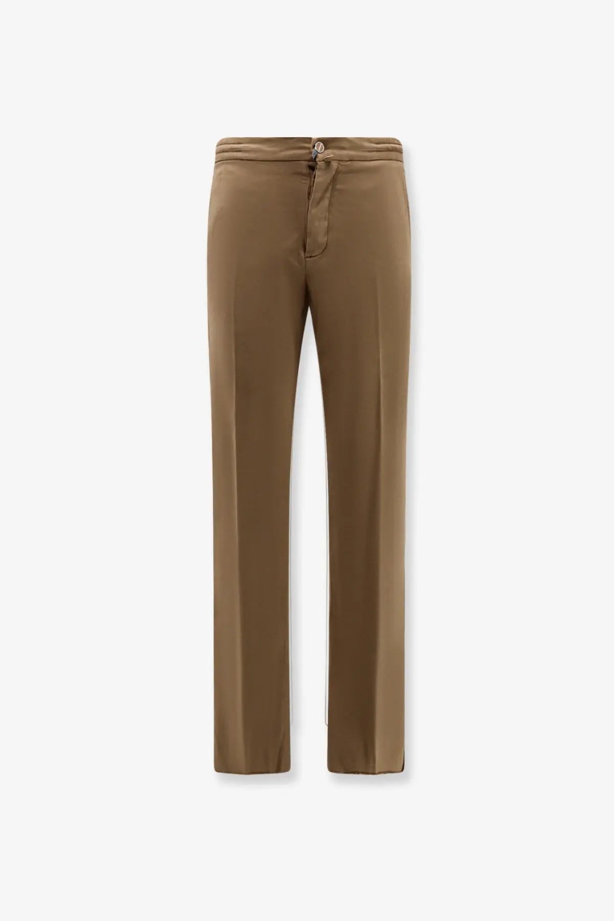 Kiton men’s lyocell tan silk trousers with drawstring waistband and subtle front pleats in beige color