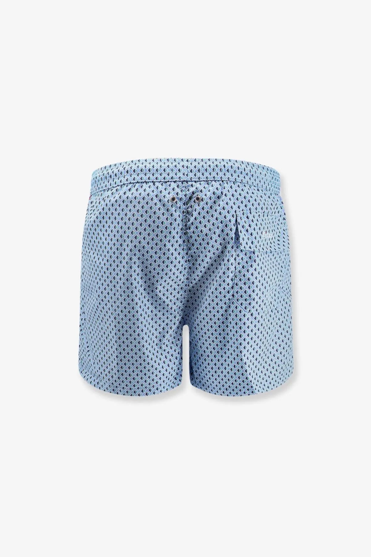 Kiton men’s nylon swim trunks in light blue with a subtle dark blue geometric pattern for beachwear