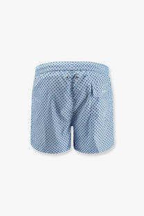 Kiton men’s nylon swim trunks in light blue with a subtle dark blue geometric pattern for beachwear