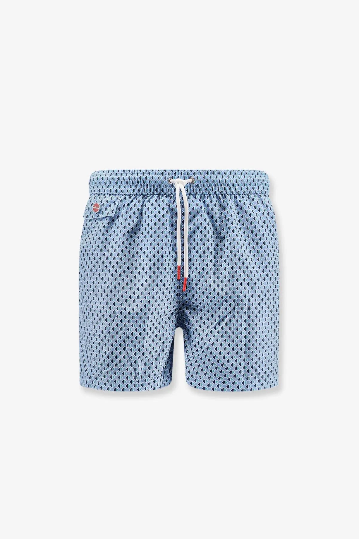 Kiton men’s light blue nylon swim trunks with subtle geometric pattern and white drawstring for swimwear use
