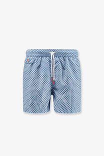 Kiton men’s light blue nylon swim trunks with subtle geometric pattern and white drawstring for swimwear use