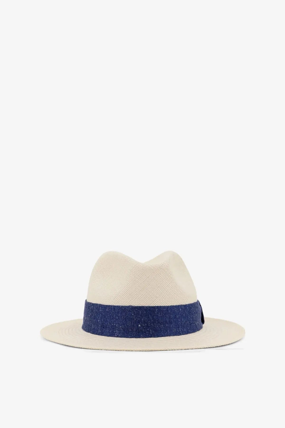 Beige Kiton men’s Panama straw fedora hat with navy blue woven band showcasing elegant summer style