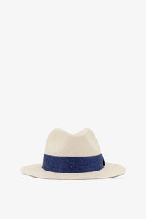 Beige Kiton men’s Panama straw fedora hat with navy blue woven band showcasing elegant summer style