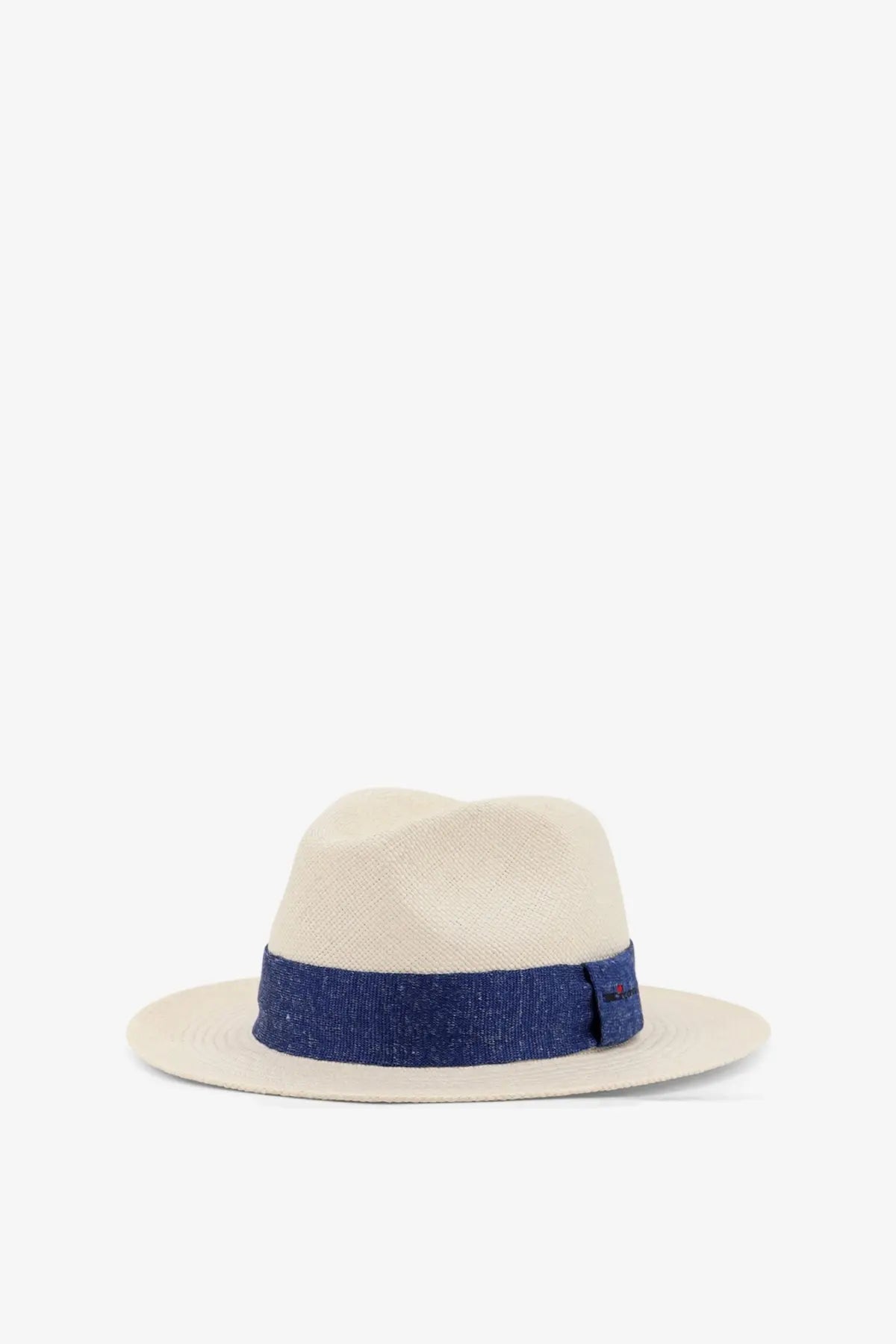 Beige straw fedora by kiton with navy blue denim band designed as a men’s panama straw hat blue