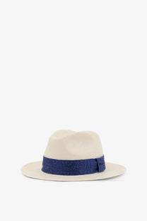 Beige straw fedora by kiton with navy blue denim band designed as a men’s panama straw hat blue