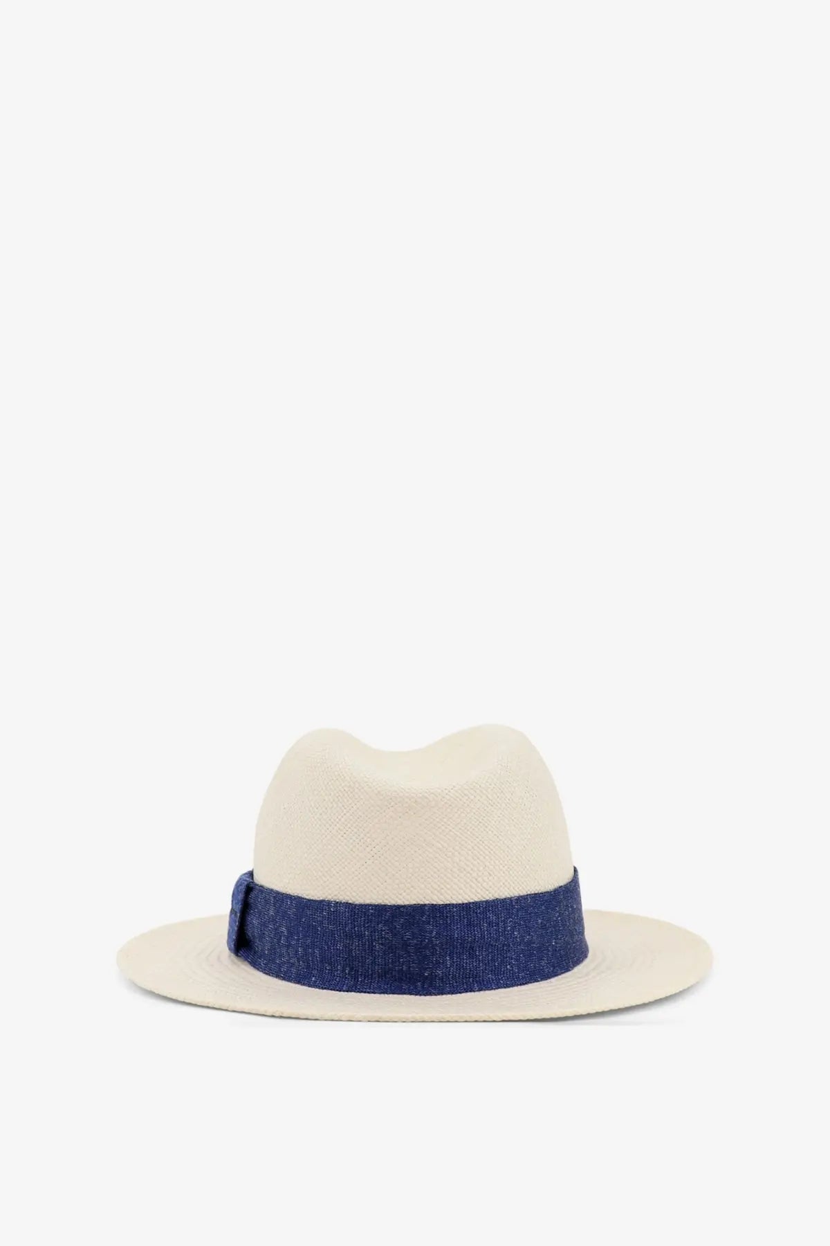 Cream-colored Kiton men’s Panama straw hat with navy blue denim band woven for stylish sun protection