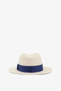 Cream-colored Kiton men’s Panama straw hat with navy blue denim band woven for stylish sun protection